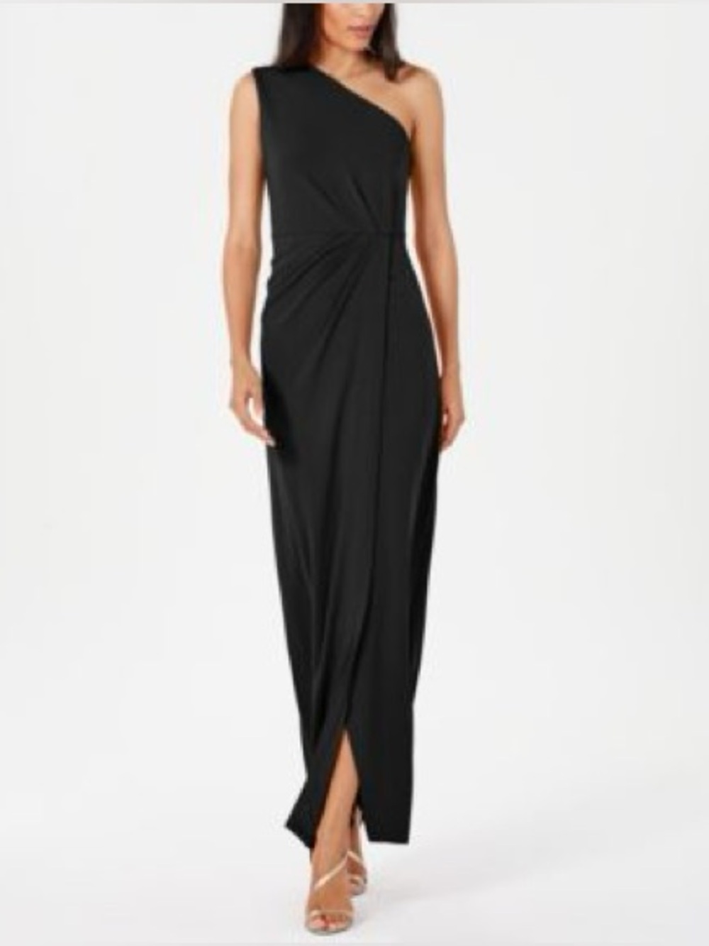 Calvin Klein One-Shoulder Black Evening Gown with Side‎ Drape